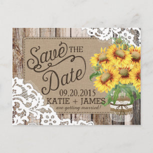 Sunflower Wood Lace Rustic Country Save the Date Announcement Postcard