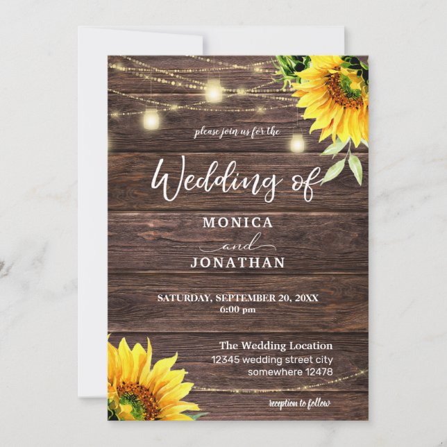  Sunflower Wood & Mason Jar String Lights Wedding  Invitation (Front)