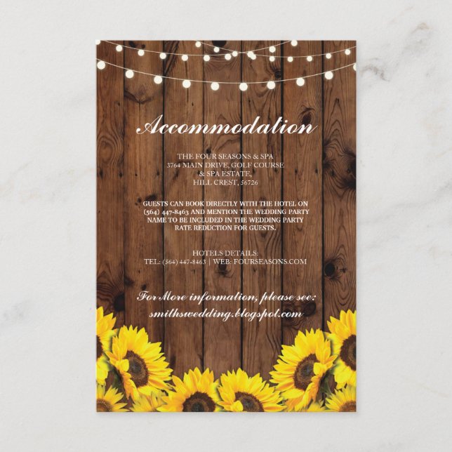 Sunflower Wood Rustic Accommodation Wedding Cards (Front)
