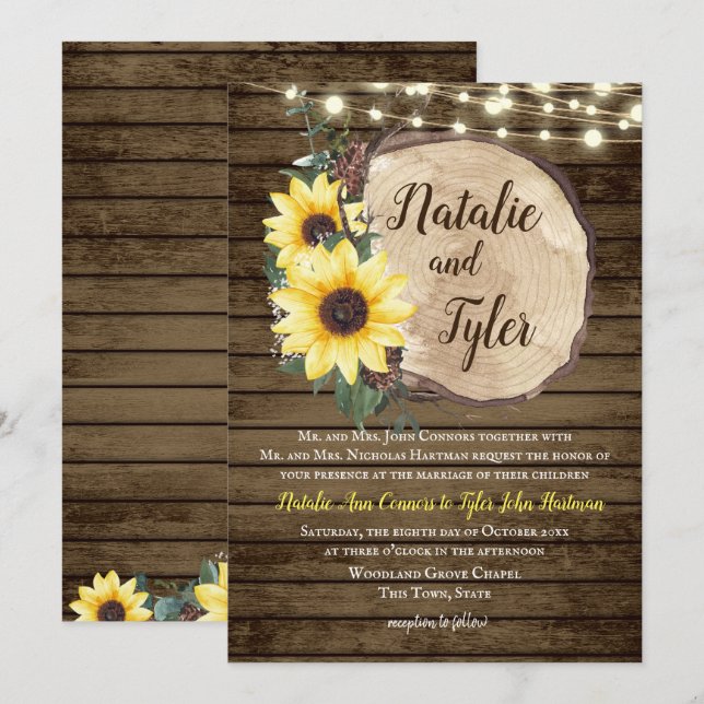 Sunflower Wood Slice Rustic String Lights Wedding Invitation (Front/Back)