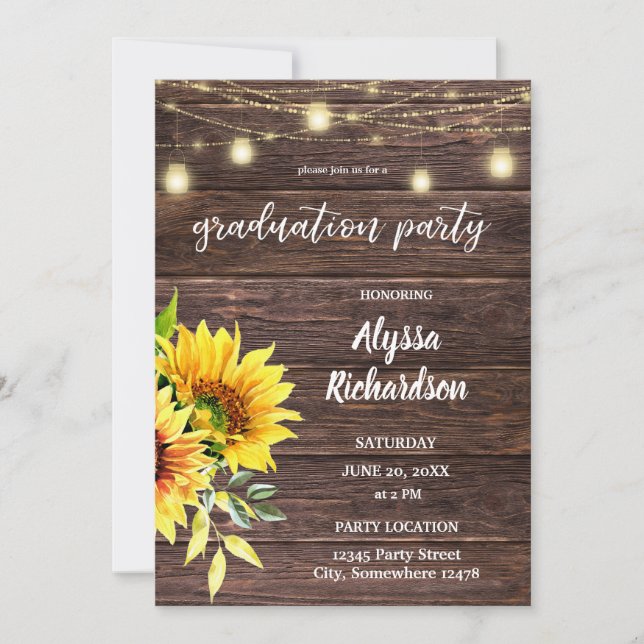 Sunflower Wood & String Lights Graduation Party Invitation (Front)