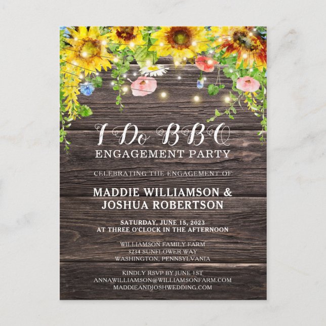 Sunflower Wood String Lights I Do BBQ Engagement Postcard (Front)