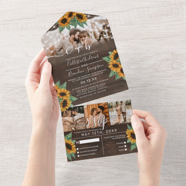 Sunflower Wood String Lights Photo Wedding RSVP All In One Invitation (Tearaway)