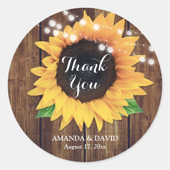 Sunflower Wood String Lights Wedding Classic Round Sticker (Front)