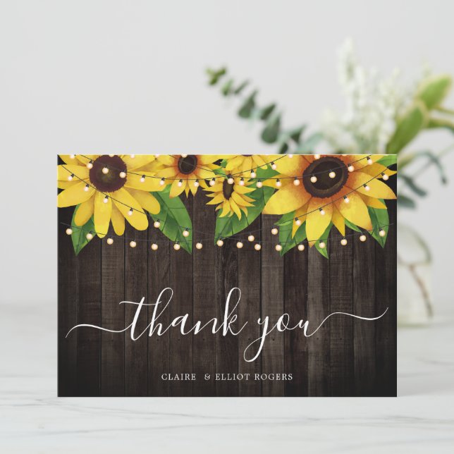 Sunflower Wood String Wedding Thank You Card (Standing Front)