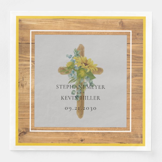 Sunflower Wooden Cross Rustic Wood Wedding Napkin (Front)