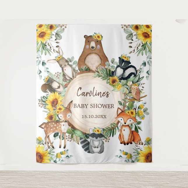 Sunflower Woodland Animals Baby Shower Welcome Tapestry (Front)