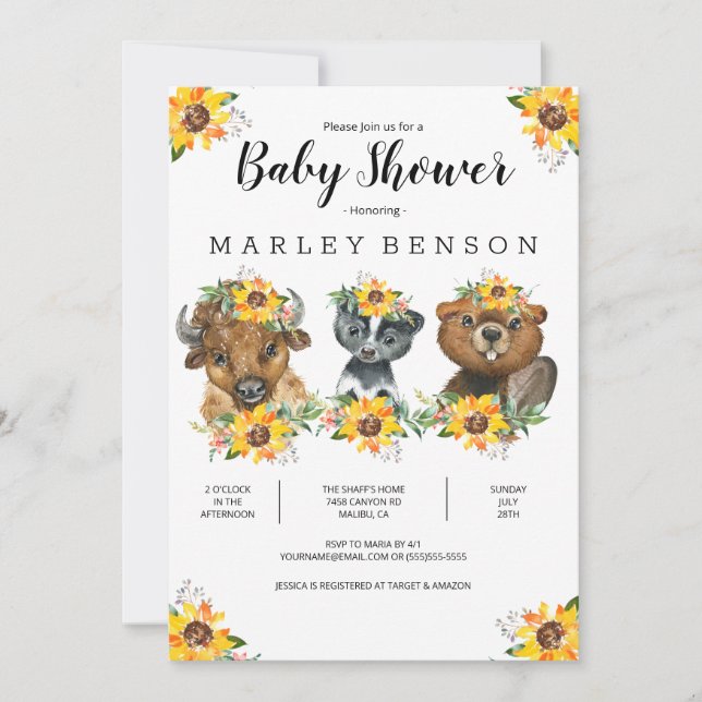 Sunflower Woodland Animaux Baby shower Invitation (Devant)