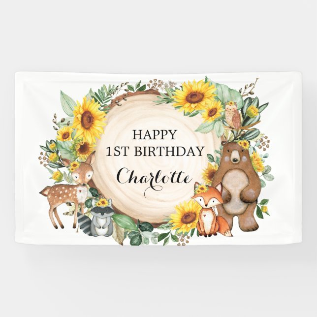 Sunflower Woodland Forest Animals Happy Birthday Banner (Horizontal)