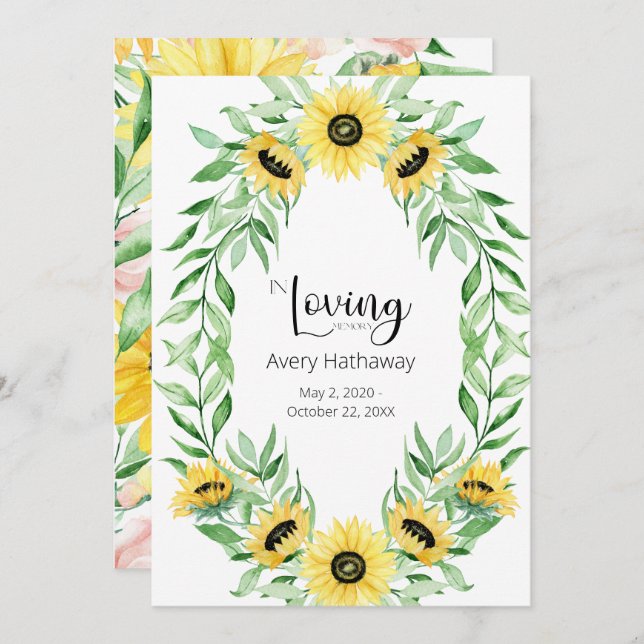 Sunflower Wreath Funeral Memorial  Invitation (Front/Back)