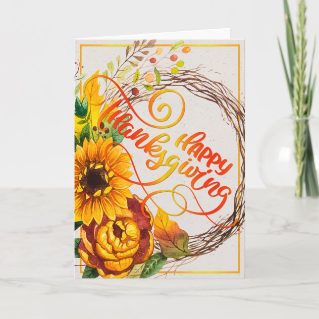 Sunflower Wreath Happy Thanksgiving Card (Front)