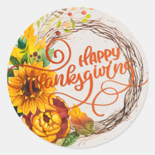 Sunflower Wreath Happy Thanksgiving Classic Round Sticker