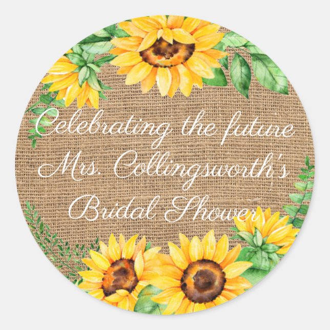 Sunflower Wreath On Burlap Look Guest Favour Classic Round Sticker (Front)