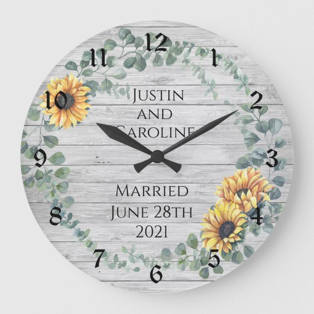 Sunflower Wreath Wedding Keepsake Large Clock (Front)