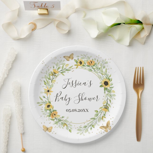 Sunflower Wreath with Cute Butterflies Baby Shower Paper Plate (Wedding)