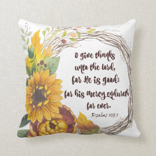 Sunflower Wreath with Give Thanks Bible Verse Throw Pillow