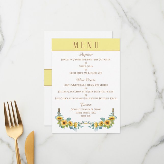 Sunflower (Yellow) 4.5" x 6.25" Wedding Menu (Front/Back In Situ)