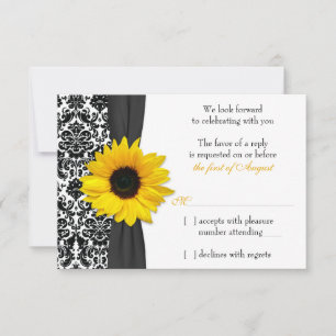 Sunflower Yellow Black Damask Wedding RSVP Reply