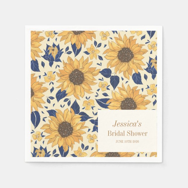 Sunflower Yellow Blue Bridal Shower Custom Name Napkin (Front)