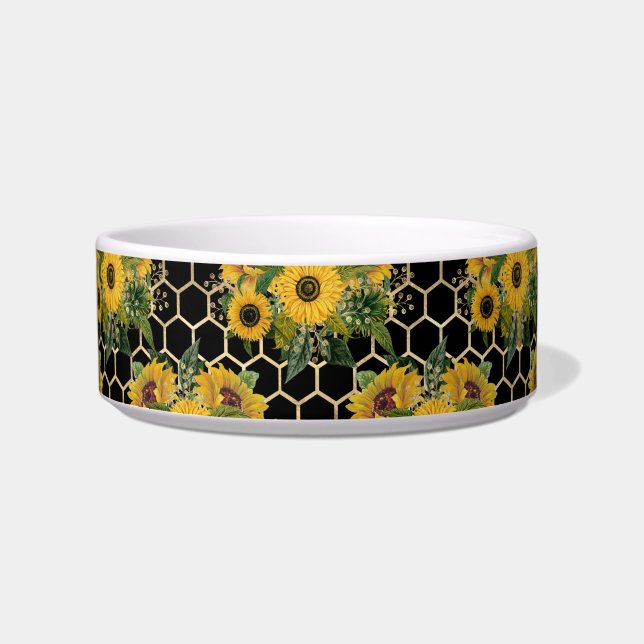 Sunflower Yellow Bouquet Honeycomb Black Pet Bowl (Front)