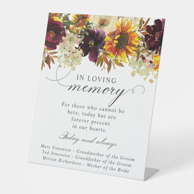 Sunflower Yellow Burgundy Floral  Wedding Memorial Pedestal Sign (Front)