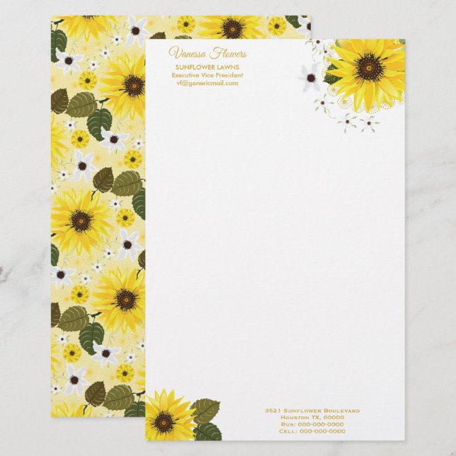 Sunflower Yellow Country Floral Stationery (Front/Back)