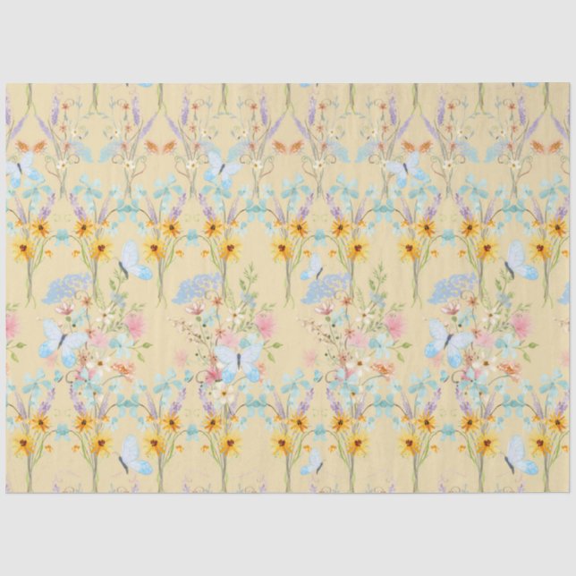 Sunflower Yellow Floral Blue Butterfly Decoupage Tissue Paper (Front)
