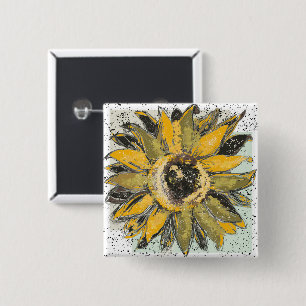 Sunflower Yellow Green Black Watercolor Style Art 2 Inch Square Button