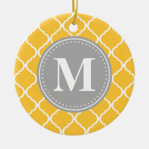 Sunflower Yellow Moroccan Lattice Grey Monogram Ceramic Ornament
