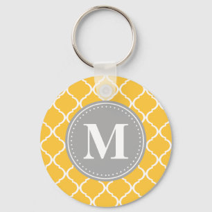 Sunflower Yellow Moroccan Lattice Grey Monogram Keychain
