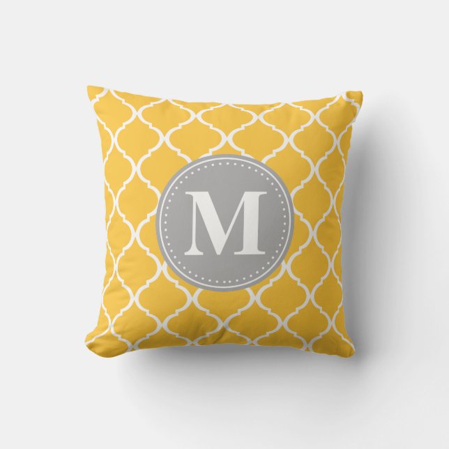 Sunflower Yellow Moroccan Lattice Grey Monogram Throw Pillow (Front)