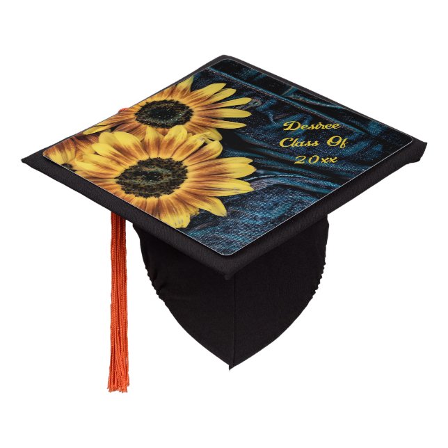 Sunflower Yellow Rustic Denim Blue Jeans Graduation Cap Topper (Angled)