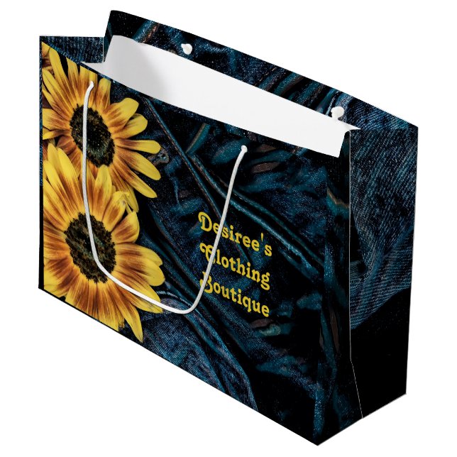 Sunflower Yellow Rustic Denim Blue Jeans Large Gift Bag (Front Angled)