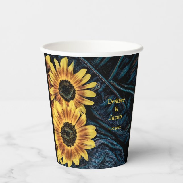 Sunflower Yellow Rustic Denim Blue Jeans Paper Cups (Back)