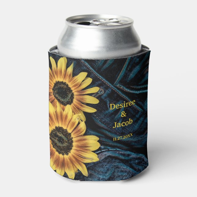 Sunflower Yellow Rustic Denim Blue Jeans Wedding Can Cooler (Can Front)