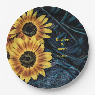 Sunflower Yellow Rustic Denim Blue Jeans Wedding Paper Plate