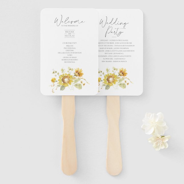 Sunflower Yellow Rustic Wedding Program Hand Fan (Front and Back)