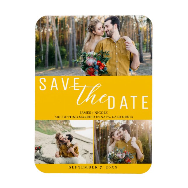 Sunflower Yellow Save the Date Wedding 3 Photos Magnet (Vertical)