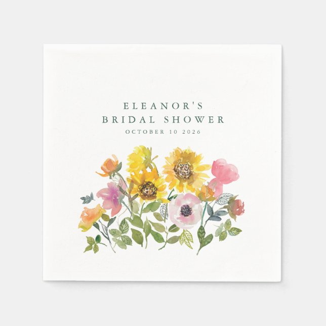 Sunflower Yellow Watercolor Custom Bridal Shower Napkin (Front)