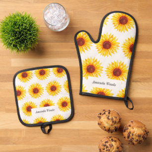 Sunflower Yellow White Chic Oven Mitt & Pot Holder Set