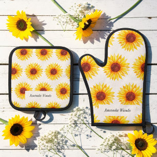 Sunflower Yellow White Chic Oven Mitt & Pot Holder Set