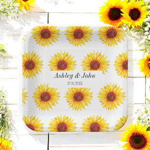 Sunflower Yellow White Floral Pattern Paper Plate