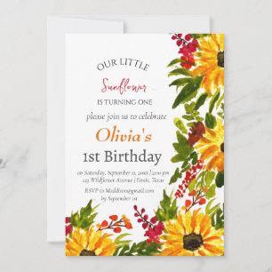 Sunflowers 1st First Birthday Girl Country Floral Invitation
