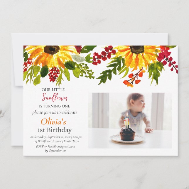 Sunflowers 1st First Birthday Girl Photo Floral  Invitation (Front)