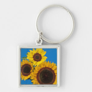 Sunflowers against blue fence keychain