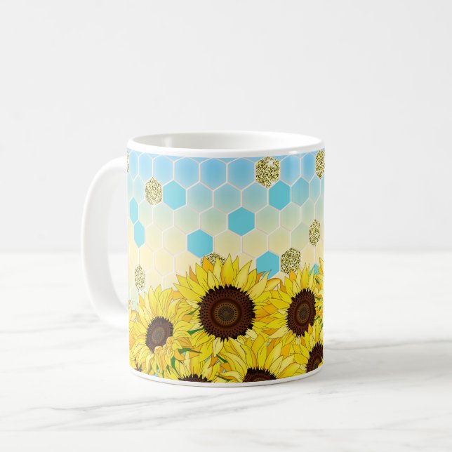 Sunflowers Against Colourful Hexagonal Pattern Coffee Mug (Front Left)