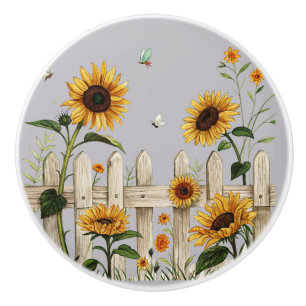 Sunflowers Along the White Picket Fence Ceramic Knob