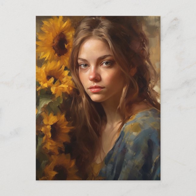 Sunflowers and a Blonde Woman Postcard (Front)