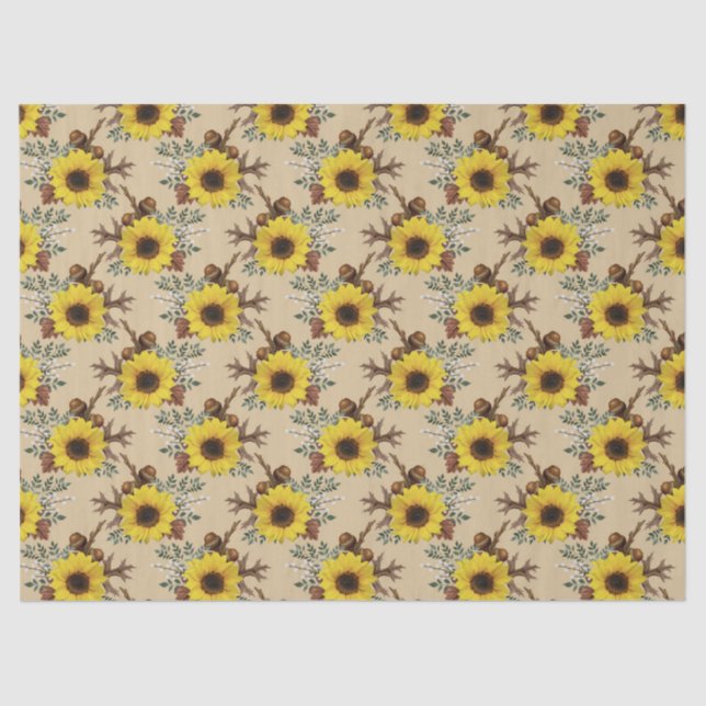 Sunflowers and Acorns on Tan Decoupage Tissue Paper (Front)