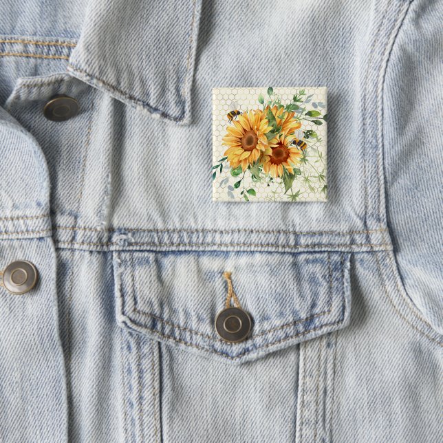 Sunflowers and bees  2 inch square button (In Situ)